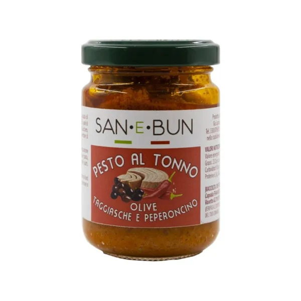 Pesto z tuńczykiem, oliwkami taggiasche i chili