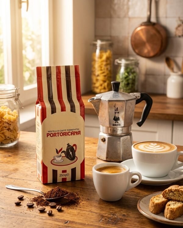 kawa-mielona-barale-portoricana-lifestyle Włoska kawa mielona Barale Portoricana 250 g na kuchennym blacie z kawiarką Bialetti i espresso