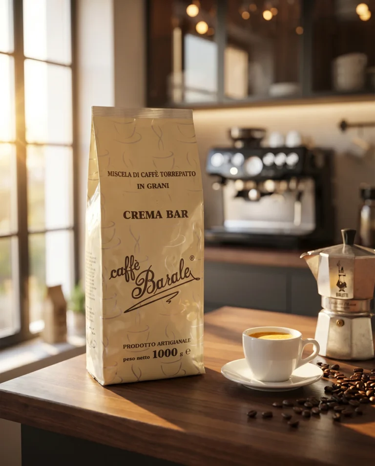 Włoska kawa Crema Bar Caffè Barale 1kg na blacie kuchennym z espresso i kawiarką Bialetti