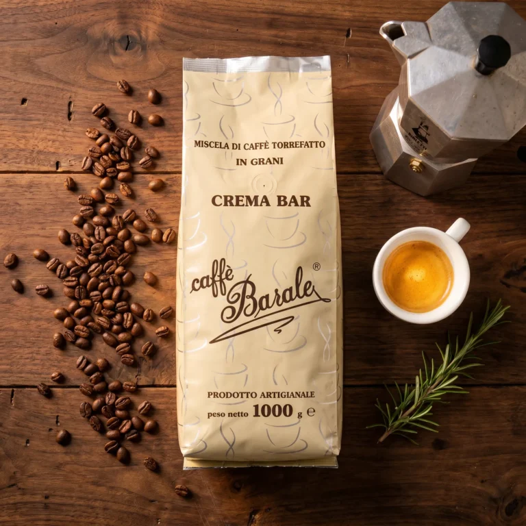 Crema Bar Caffè Barale 1kg widok z góry — moka Bialetti, filiżanka espresso, ziarna kawy