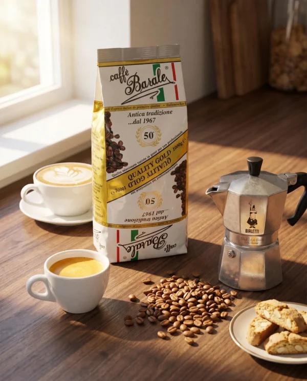Caffè Barale Quality Gold 1kg na blacie z cappuccino i biscotti — premium włoska kawa
