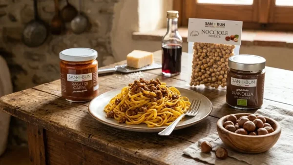 Produkty z Piemontu: ragù piemontese, krem gianduja i prażone orzechy laskowe