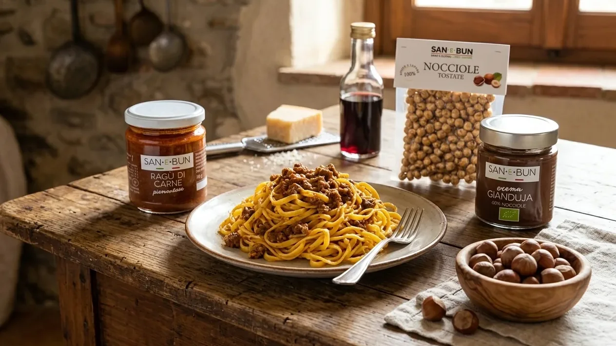Produkty z Piemontu: ragù piemontese, krem gianduja i prażone orzechy laskowe