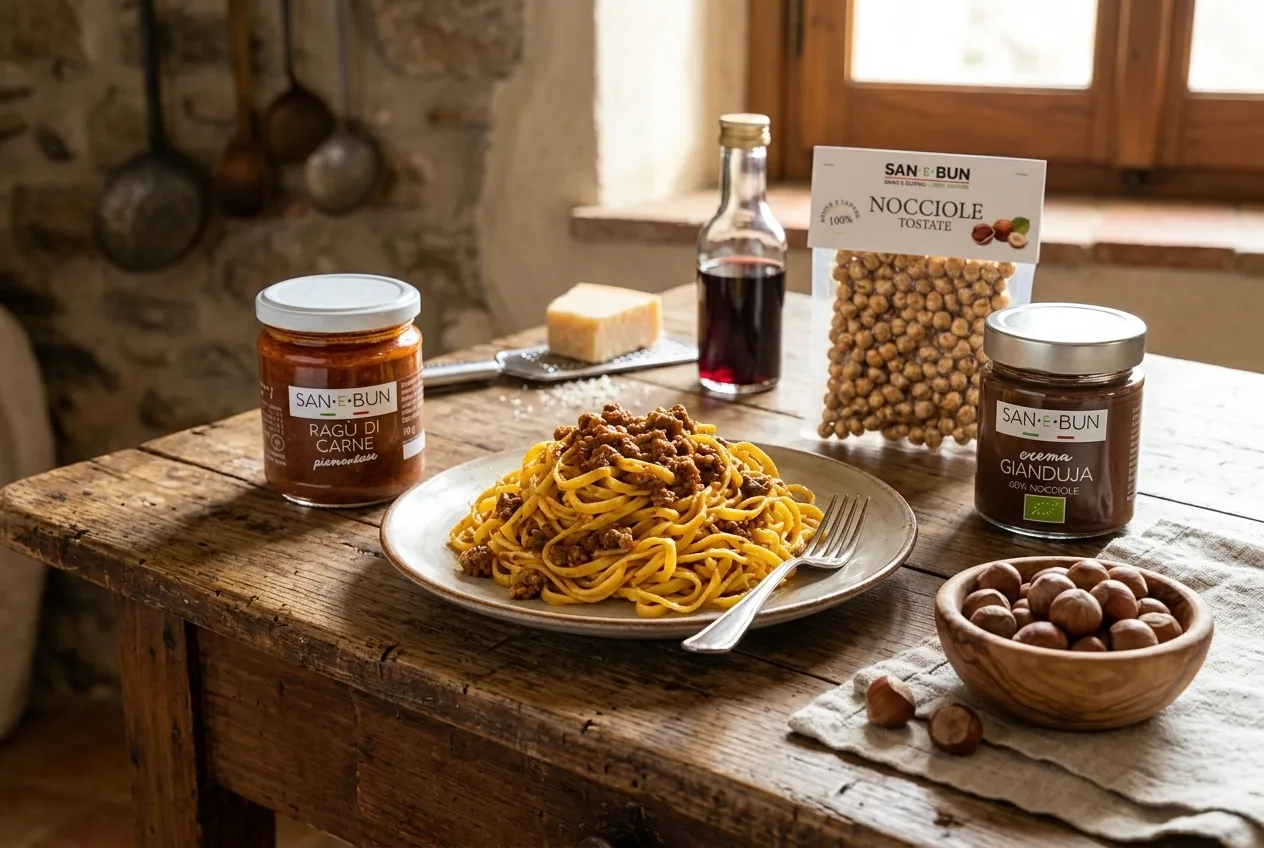 Produkty z Piemontu: ragù piemontese, krem gianduja i prażone orzechy laskowe