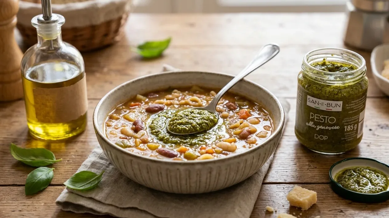 Minestrone z fasolą i łyżką pesto genovese