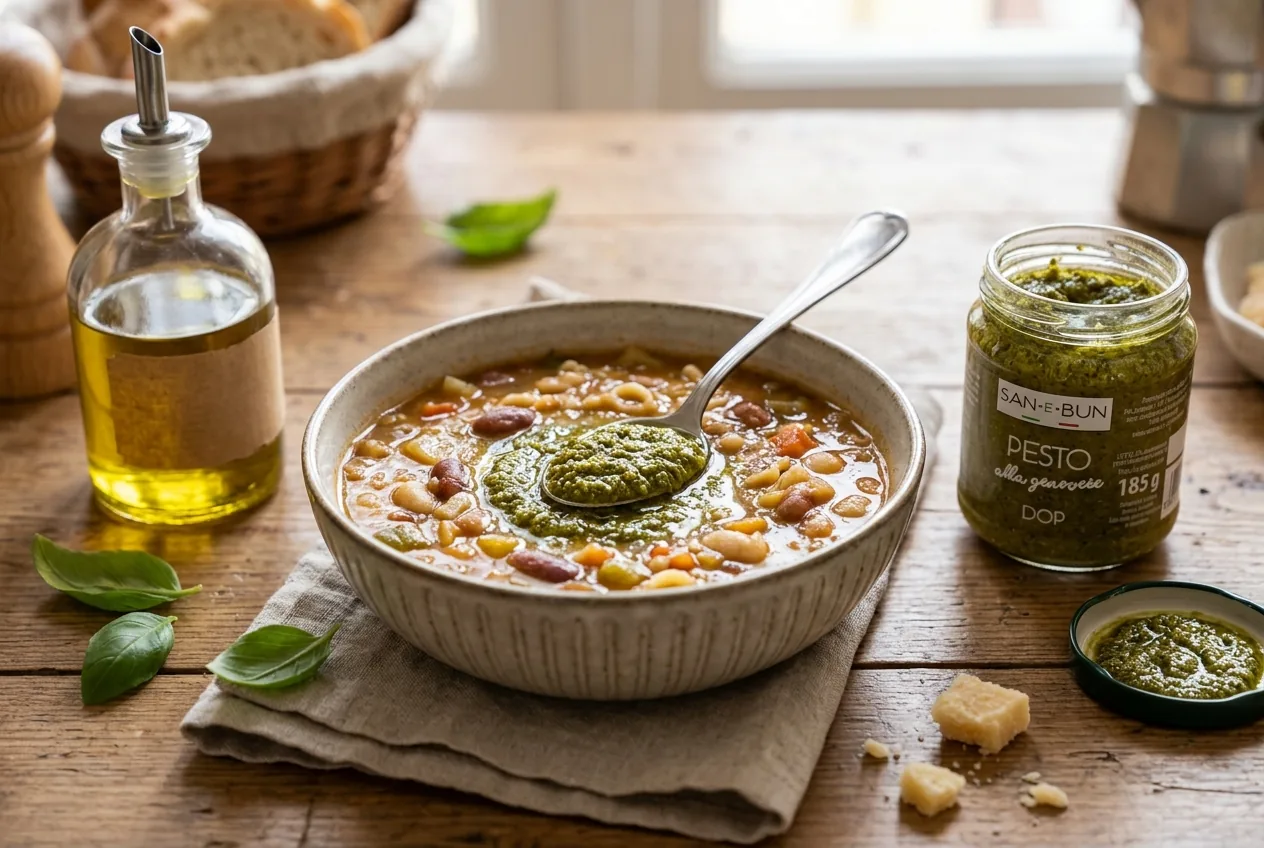 Minestrone z fasolą i łyżką pesto genovese