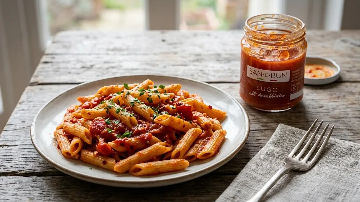 Penne z sosem arrabbiata i słoik sosu San e Bun