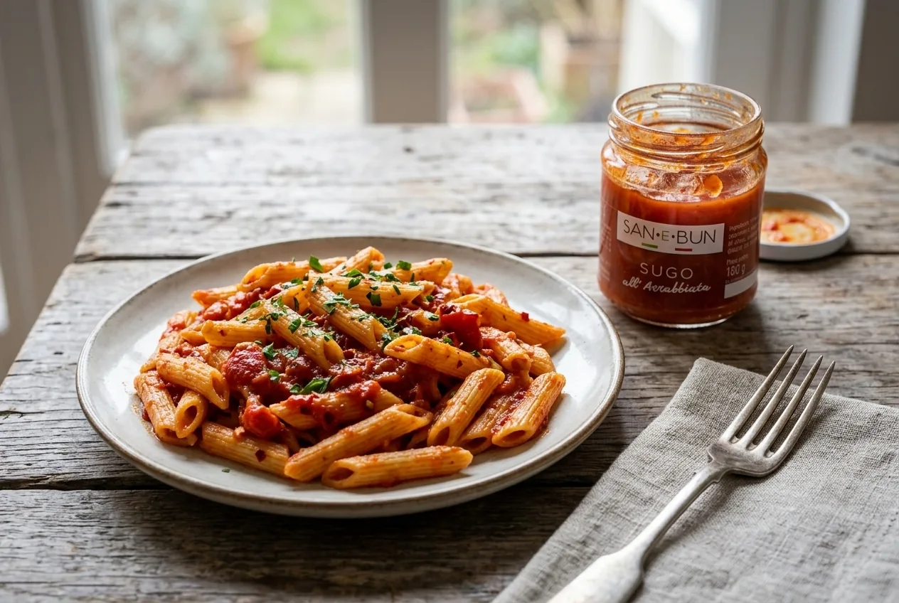 Penne z sosem arrabbiata i słoik sosu San e Bun