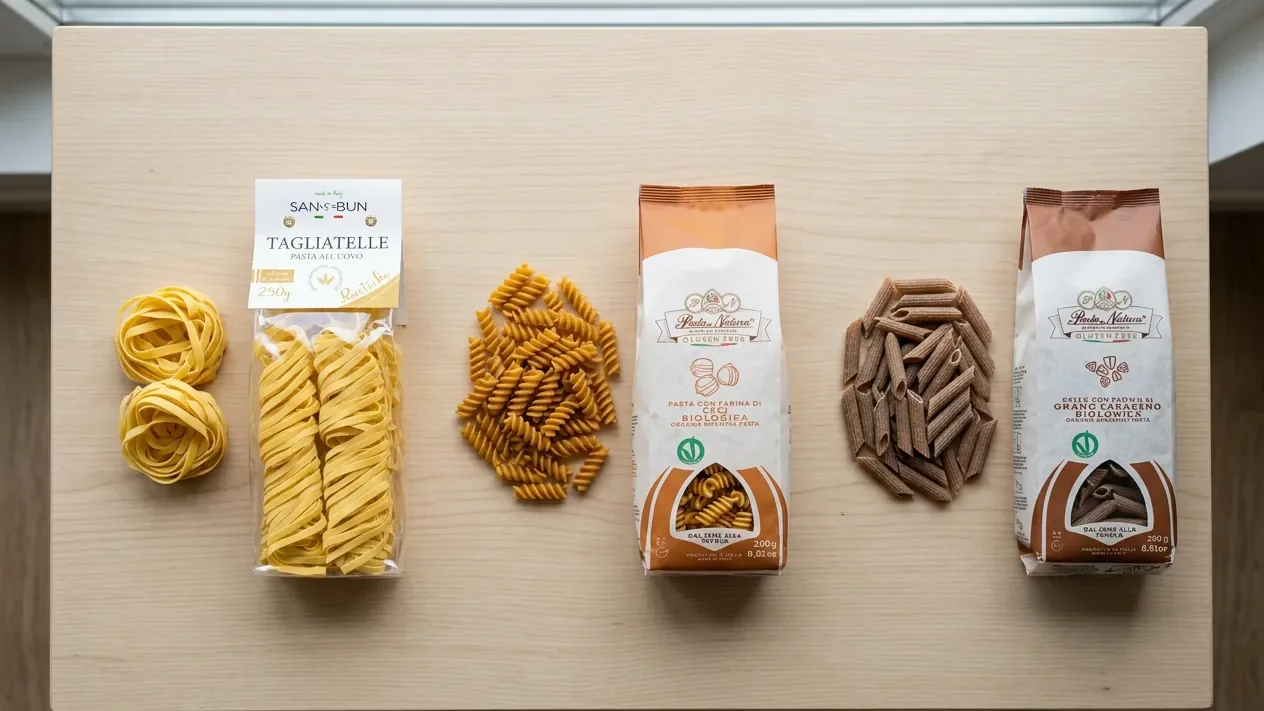 Rodzaje makaronu: tagliatelle jajeczne, fusilli z ciecierzycy i penne gryczane