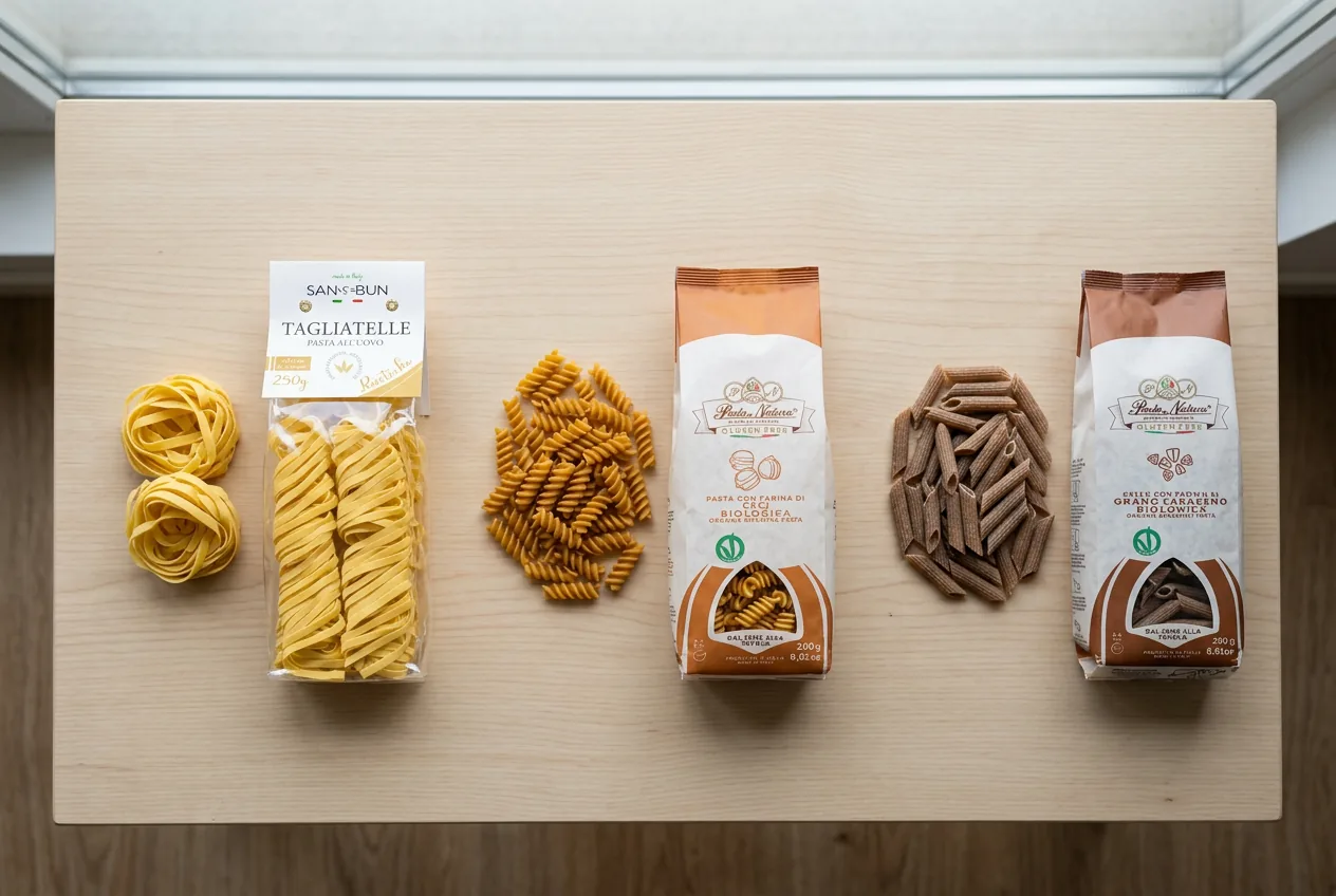 Rodzaje makaronu: tagliatelle jajeczne, fusilli z ciecierzycy i penne gryczane