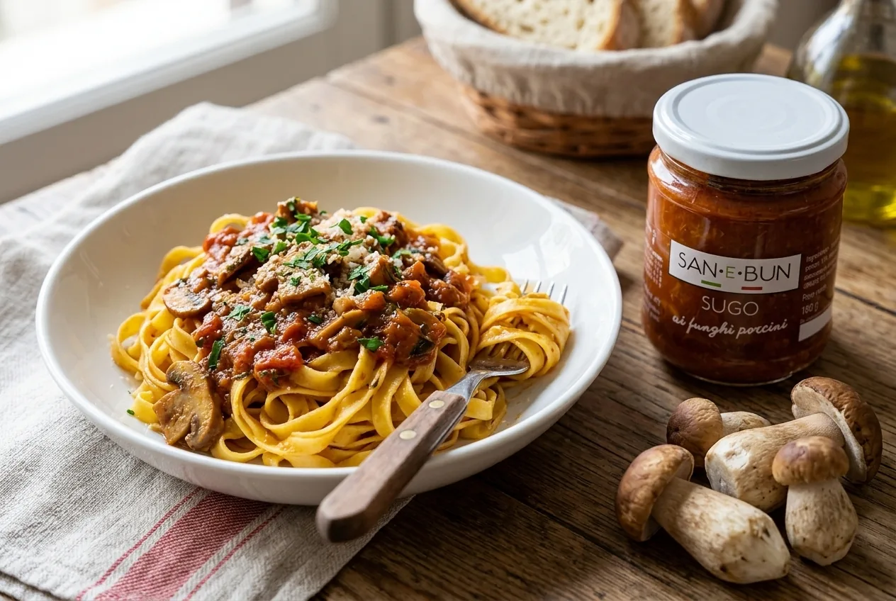 Tagliatelle z sosem borowikowym i słoik sosu San e Bun