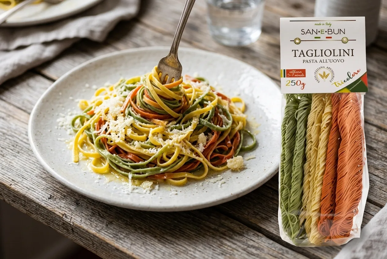 Tagliolini jajeczne trójkolorowe z masłem i parmezanem