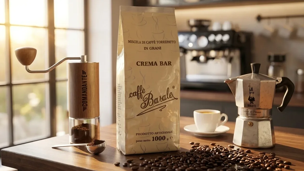 Kawa ziarnista Barale Crema Bar, młynek i kawiarka moka